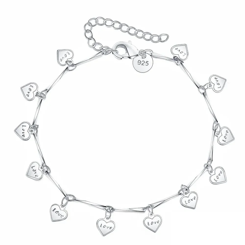 💎 Heart 925 Sterling Silver Bracelet Charm Chain Bracelet Bangles Classic - Picture 1 of 2